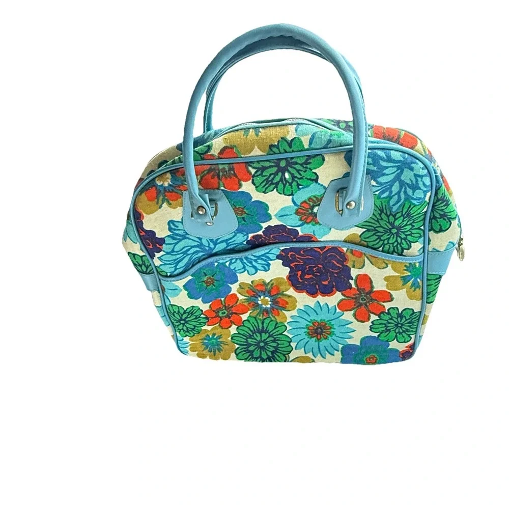 Rare Vintage 1960s Japanese Mod Floral Bowling Bag Embossed Turquoise Canvas